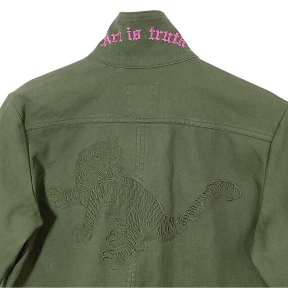 Zadig & Voltaire Size M Olive Green Record Brode Tigre Embroidered Dress Lace Up - Picture 7 of 10